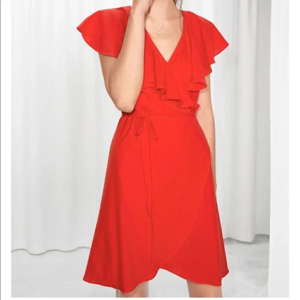 & other stories bright red orange Ruffle Sleeveless mini wrap Dress size 10